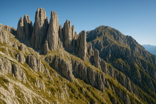 Wide-angle landscape of the southern peak featuring striking dolomite spires and limestone cliffs