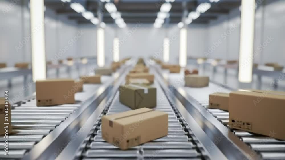 Aufkleber cardboard boxes on automated conveyor system with white background and diffused lighting in silver a