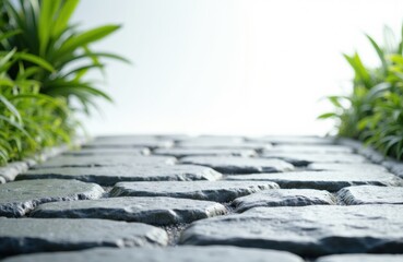 A stone pathway surrounded by lush green plants on both sides with a bright, clear sky in the background