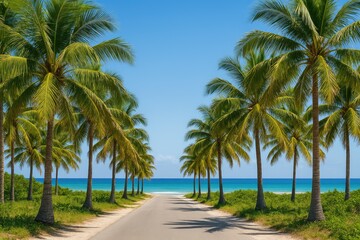 Obraz premium A scenic highway lined with palm trees beneath a bright blue sky