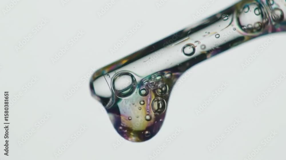 Poster clear pipette with liquid drop and bubbles against white background close up macro shot