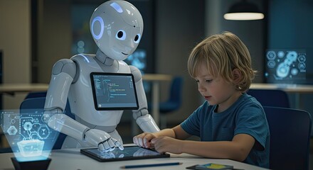 Robot and Child Collaborate on Tablet, Futuristic Education, Technology Integration.