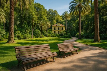 Explore the lush subtropical gardens featuring vintage wooden benches for visitors in a scenic botanical park