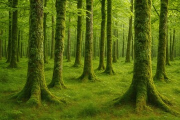 Obraz premium Cold air temperatures promote moss forest growth on tree trunks due to lichen development