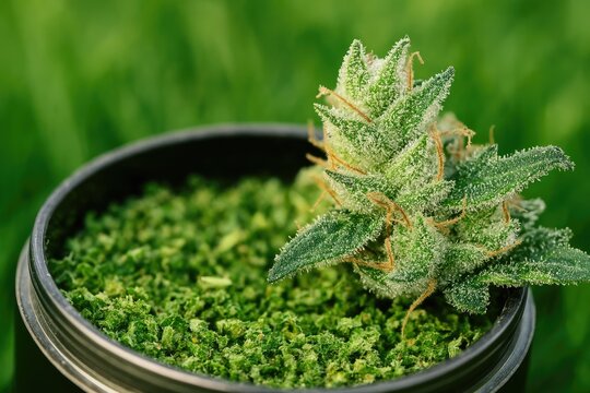 Grinding cannabis with macro shot of trichomes and chopped plant material in a coffee grinder