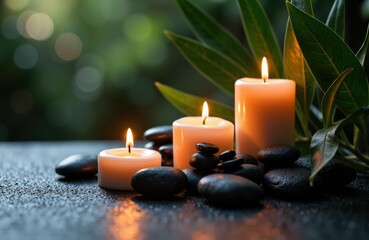 Three lit candles surrounded by smooth black stones and green leaves create a calming spa or relaxation scene with copyspace for text