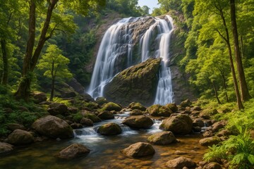 Fototapeta premium Hidden Tropical Waterfall Amidst Dense Forests