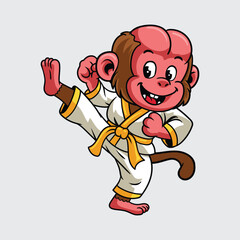 Cute cartoon Uakari in a karate uniform performs a high kick martial arts character illustration