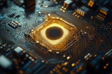 golden eye on circuit board with microchips closeup 