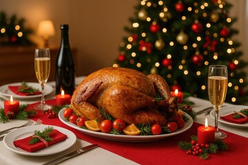 Festive holiday table arrangement featuring a roasted turkey, sparkling wine, and seasonal decorations