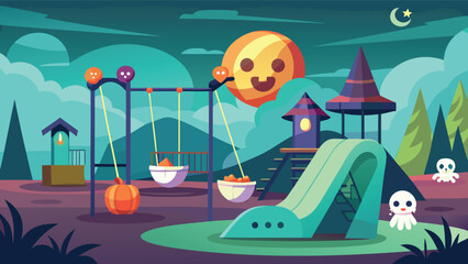 Cartoon playground at night with swings slide ghosts and a smiling sun under a crescent moon in the sky