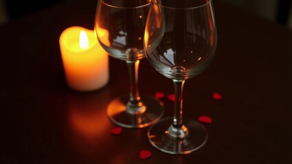 A lit candle next to two glasses of wine.