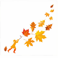 Orange and yellow autumn maple leaves fall from trees, decorating a natural pattern