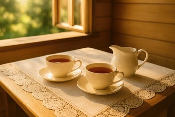 Fototapeta premium A serene summer afternoon featuring two elegant beverage cups and a cream pitcher on a lace-draped tablecloth, set in a countryside home for a cozy tea gathering and heartfelt chat