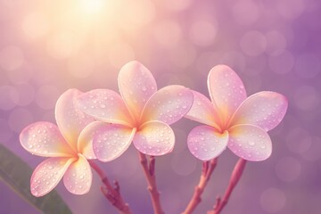 Fototapeta premium Radiant bokeh with blooming flowers and dew drops, soft pastel shades in a blurred background for card designs