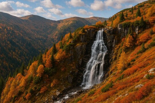 Mountainous Region Featuring the Pancava Waterfall