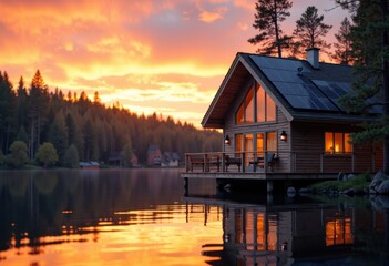 Fototapeta premium Cozy lakeside cabin at sunset with warm lighting and scenic forest backdrop