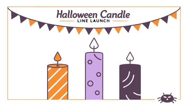 Festive halloween candle line launch announcement featuring three colorful candles with decorative patterns and a string of orange and purple bunting above them