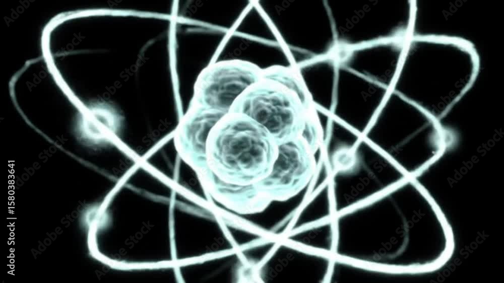 Poster glowing atom structure with electrons orbiting nucleus in soft blue light on black background for sc