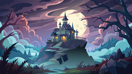 A cartoon illustration of a haunted house on a hill under a full moon with trees and clouds