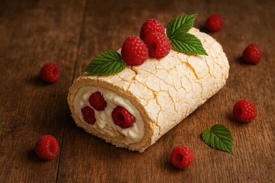Delicious meringue cake filled with cream and fresh raspberries on a rustic wooden surface