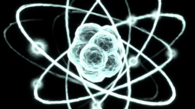 Glowing Atom Structure with Electrons Orbiting Nucleus in Soft Blue Light on Black Background for Science Physics and