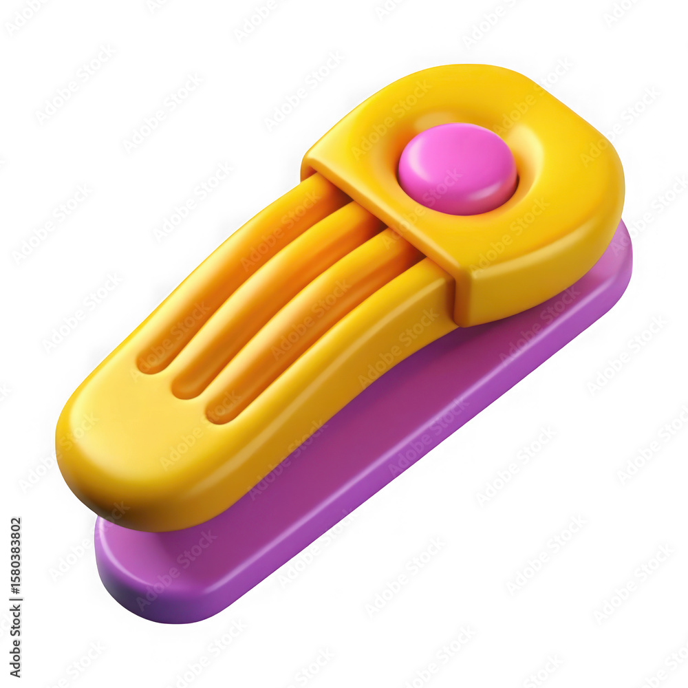 Poster stylized 3d rendering of a yellow stapler with a pink button isolated on transparent background