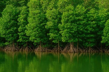 Fototapeta premium A serene scene of dense mangrove woodland bordering tranquil waters, with vibrant green foliage enveloping the landscape