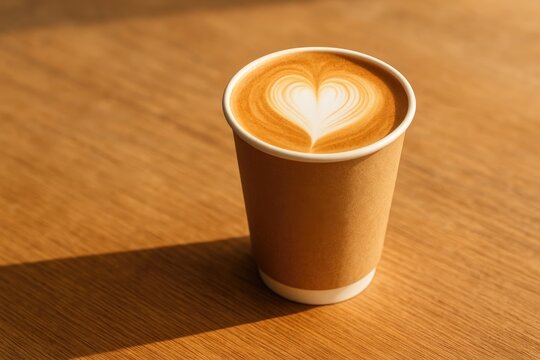 Morning scene of a heart-shaped latte art in a paper coffee cup with sunlight on a wooden table