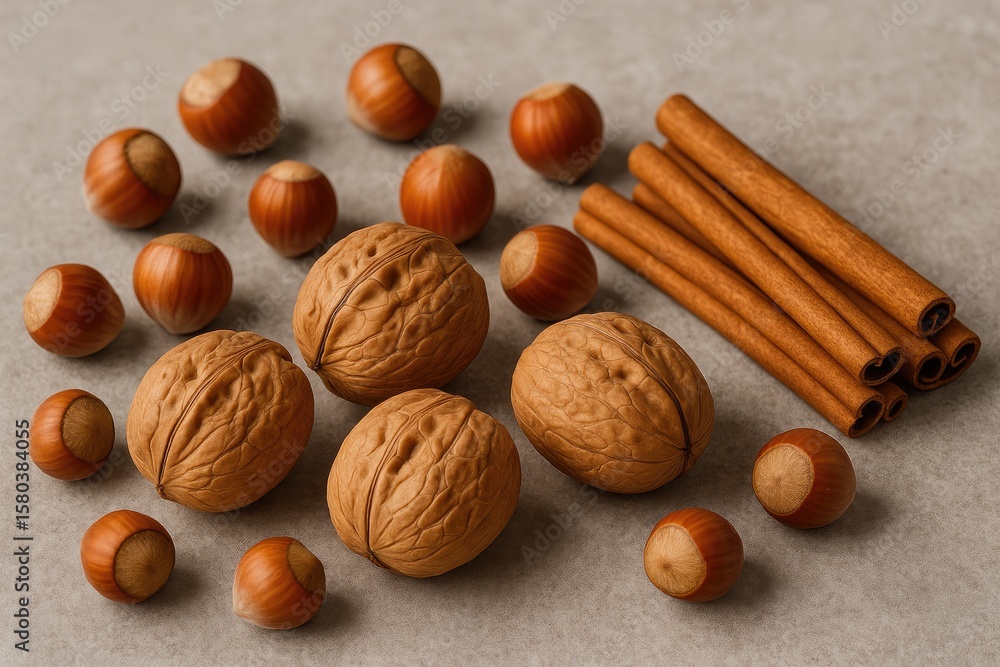Poster assorted nuts including walnuts and hazelnuts with a sprinkle of cinnamon on a rustic stone surface