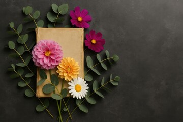 Vintage literature surrounded by vibrant blossoms and eucalyptus leaves on a dark textured surface, top-down perspective. Text space available.