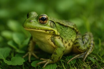 Obraz premium Detailed macro view of a vibrant green frog