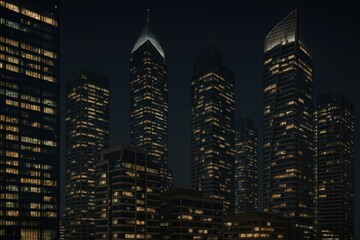 Nighttime panorama of illuminated skyscrapers and contemporary commercial structures.