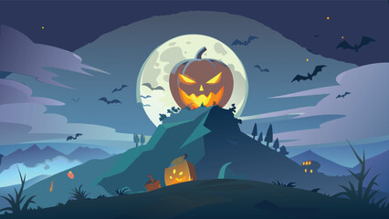 Halloween night scene with jack o lanterns and bats flying in front of a full moon backdrop