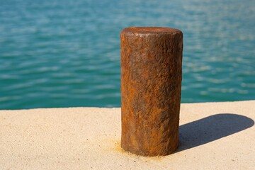 Naklejka premium Aged metal post at a harbor dock