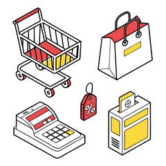Isometric shopping cart shopping bag cash register price tag and ballot box icons
