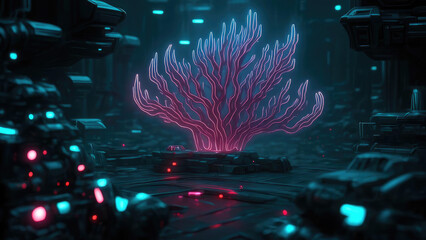 A surreal coral structure resembling digital lifeforms, growing in a futuristic alien-tech environment. Abstract shapes and vivid detail in HD, 4K resolution. Created with generative AI.