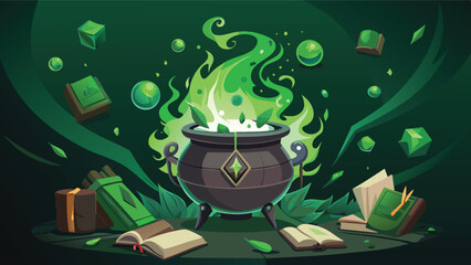 A cauldron brews with green flames and floating cubes surrounded by books and scattered leaves