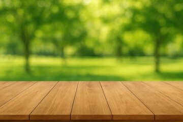 Serene natural setting featuring a wooden table arrangement amidst a lush green garden with blurred foliage in the background