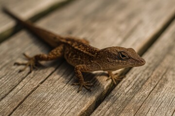 Fototapeta premium Close-up of a small brown lizard exploring a wooden surface