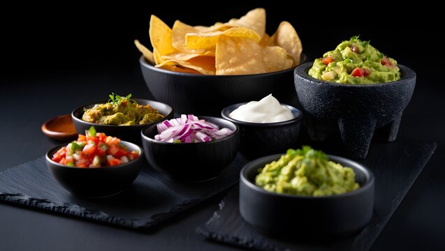 Delicious guacamole and chips with salsa and toppings perfect for mexican food night