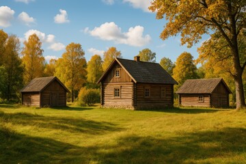 Obraz premium Historic structures nestled in a rural village during fall