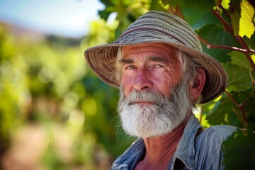 Fototapeta premium Senior farmer with hat and beard standing in a vineyard enjoying the sunny day