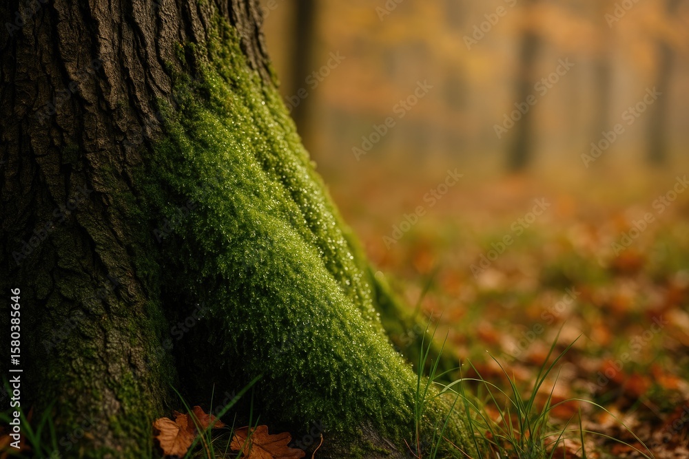Poster moss-covered ancient tree with dew drops and a soft autumn backdrop