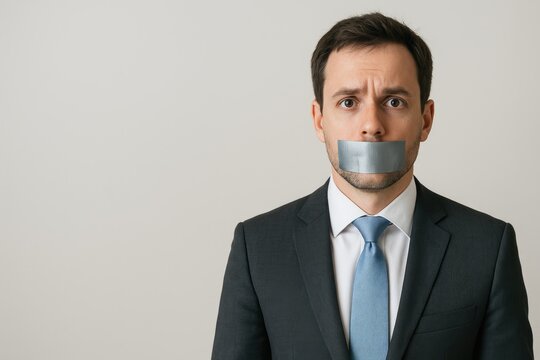 Man with his mouth covered by duct tape, image featuring empty space for text