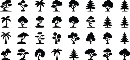 Vector tree silhouette set with pine, palm, and stylized tree icons for nature, forest, and landscape illustration