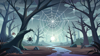 A spooky forest scene with a river, bare trees, spiderwebs and spiders under a misty sky view
