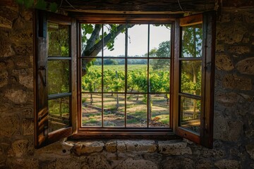 Sunlight illuminating a vineyard through an open window in a stone wall © nsit0108