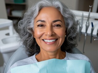 Happy Hispanic woman in dental chair at dentist's office