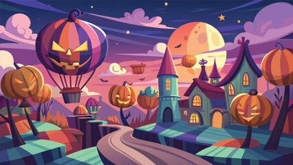A halloween night scene with pumpkin hot air balloon and spooky houses under a full moon sky view